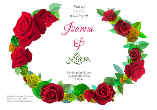 Traditional Wedding Invitation Template with garland Rose,  Red design. Downloadable and Printable with Editable Fields