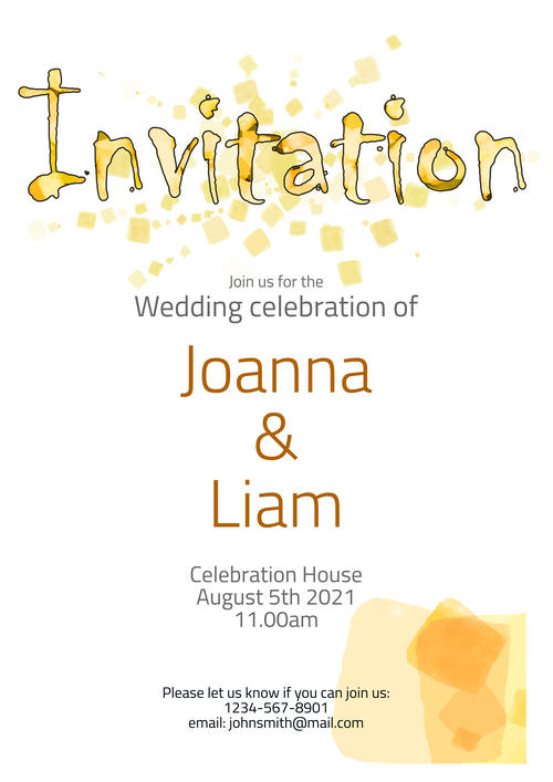 Modern Wedding Invitation Template with artistic,  Yellow design. Downloadable and Printable with Editable Fields