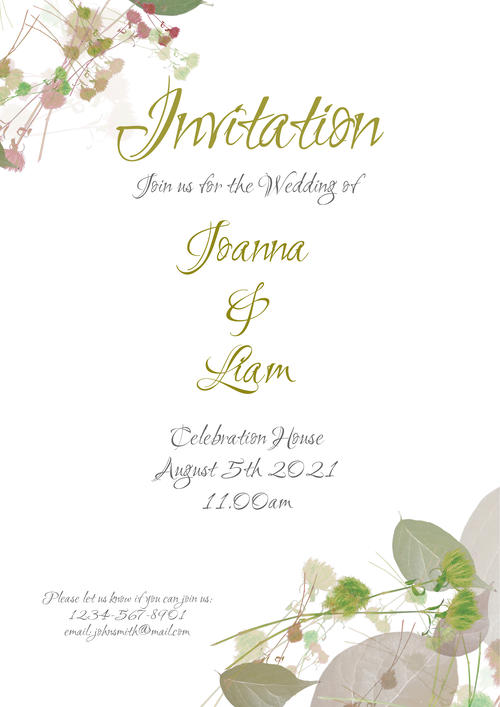 Airy Wedding Invitation Template with stylish Greenery,  Yellow design. Downloadable and Printable with Editable Fields
