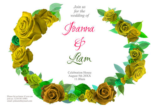 Traditional Wedding Invitation Template with garland Rose,  Yellow design. Downloadable and Printable with Editable Fields
