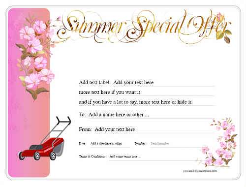 lawn care gift certificate style8 pink template image-720 downloadable and printable with editable fields