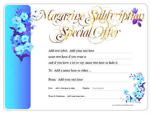 magazine subscription gift certificate style8 blue template image-748 downloadable and printable with editable fields