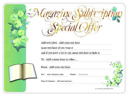 magazine subscription gift certificate style8 green template image-747 downloadable and printable with editable fields