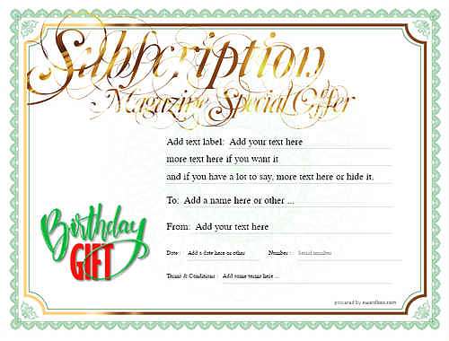 magazine subscription gift certificate style4 green template image-737 downloadable and printable with editable fields
