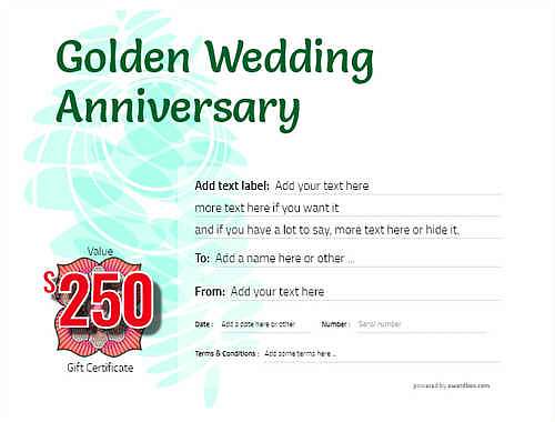 golden wedding anniversary gift certificate style9 green template image-154 downloadable and printable with editable fields