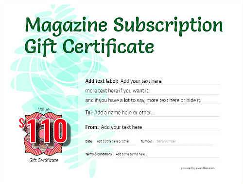 magazine subscription gift certificate style9 green template image-752 downloadable and printable with editable fields