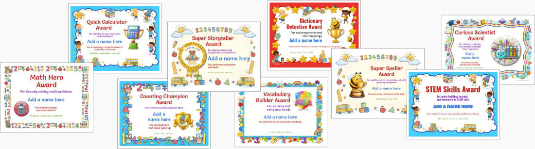 Printable award certificate templates for reading, math, spelling bee & science